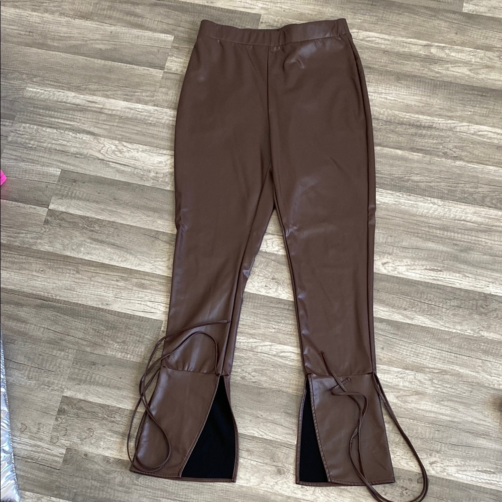 Brown Faux Leather Pants with Slit Detail B - Picture 4 of 4